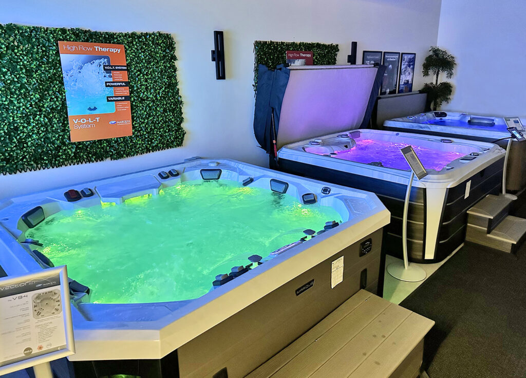 Hot tub in showroom with lights on
