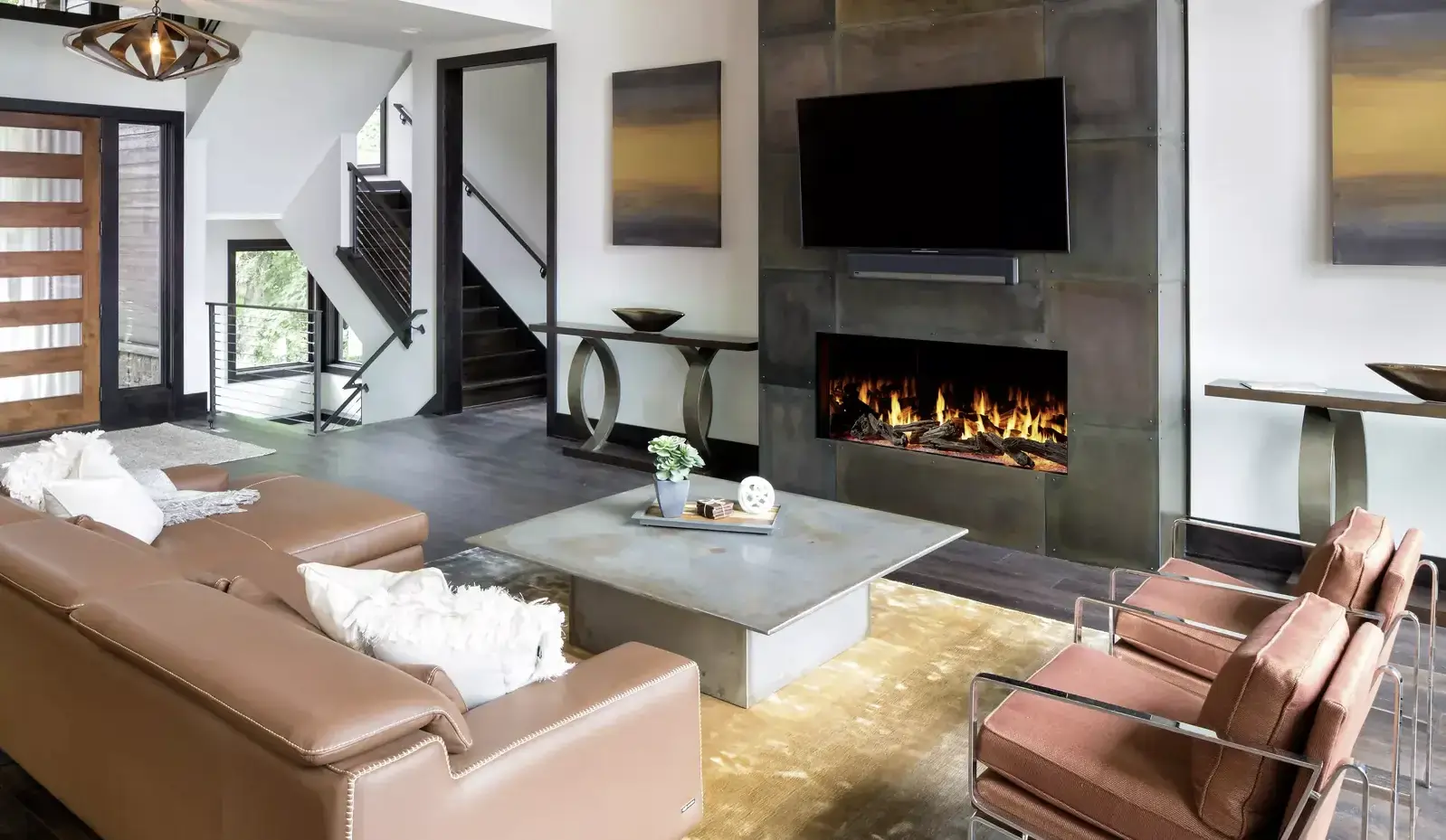 Living room with linear fireplace